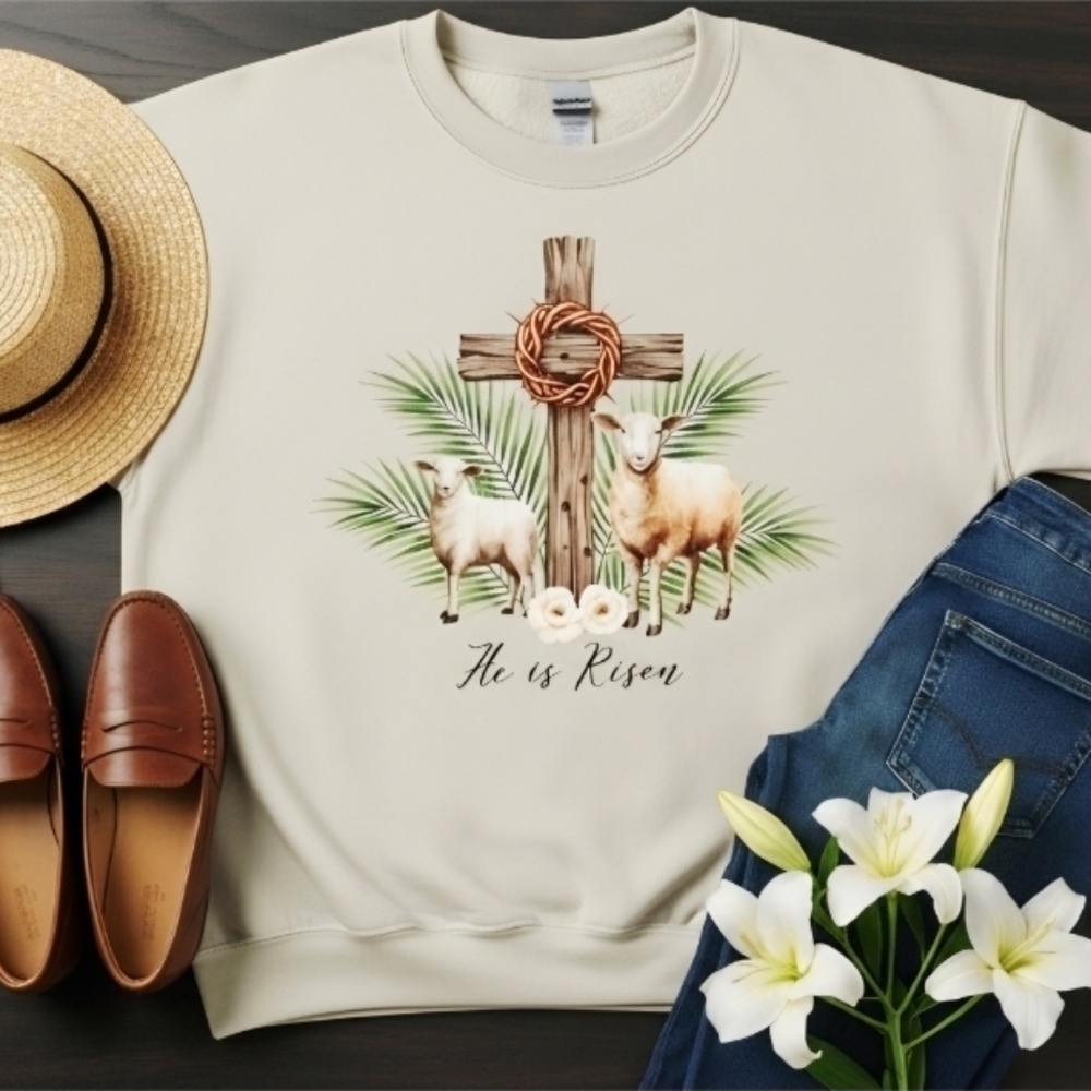 He Is Risen Easter Sweatshirt • Christian Cross Crewneck • Faith Based Religious